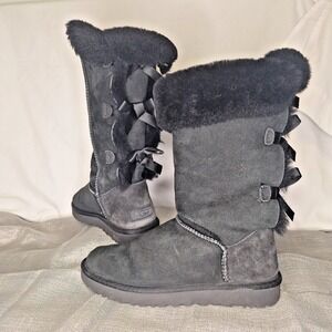 UGG 8 Black Suede Bailey Bow Tall II Knee High Boots Bows Shearling Fur 1016434
